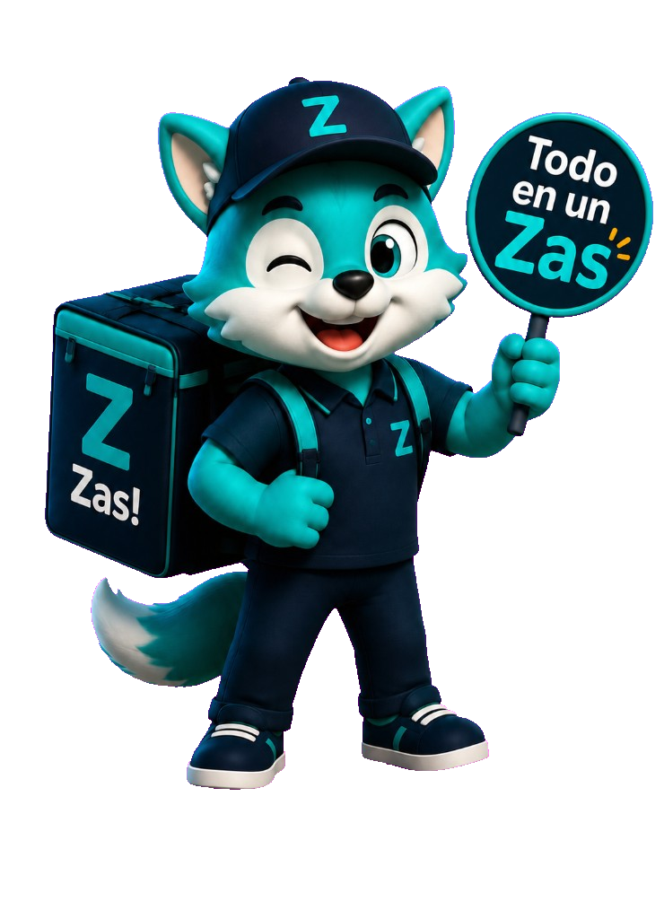 Mascota Zas! con uniforme de delivery